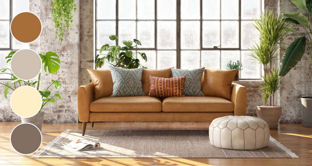 brown leather couch in living room done in earth neutrals